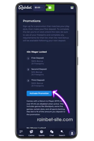 Activate selected Rainbet promo code