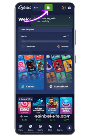 Locate deposit button on Rainbet