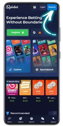 The main page of the official Rainbet casino website with the registration button