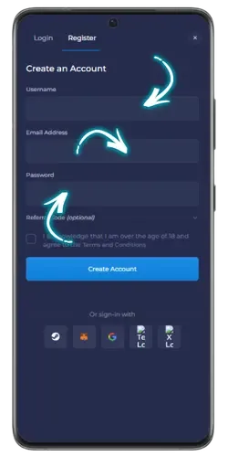 The Rainbet registration form with fields for entering an email address and password