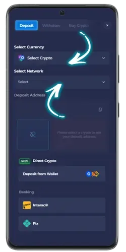The Rainbet cryptocurrency selection screen during registration, showing Bitcoin, Ethereum, and USDT options
