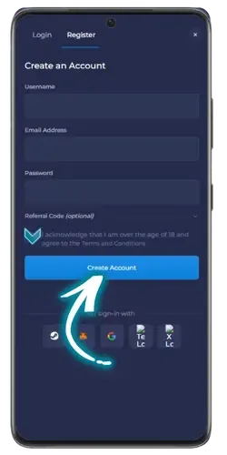 Rainbet Create Account button to complete casino registration
